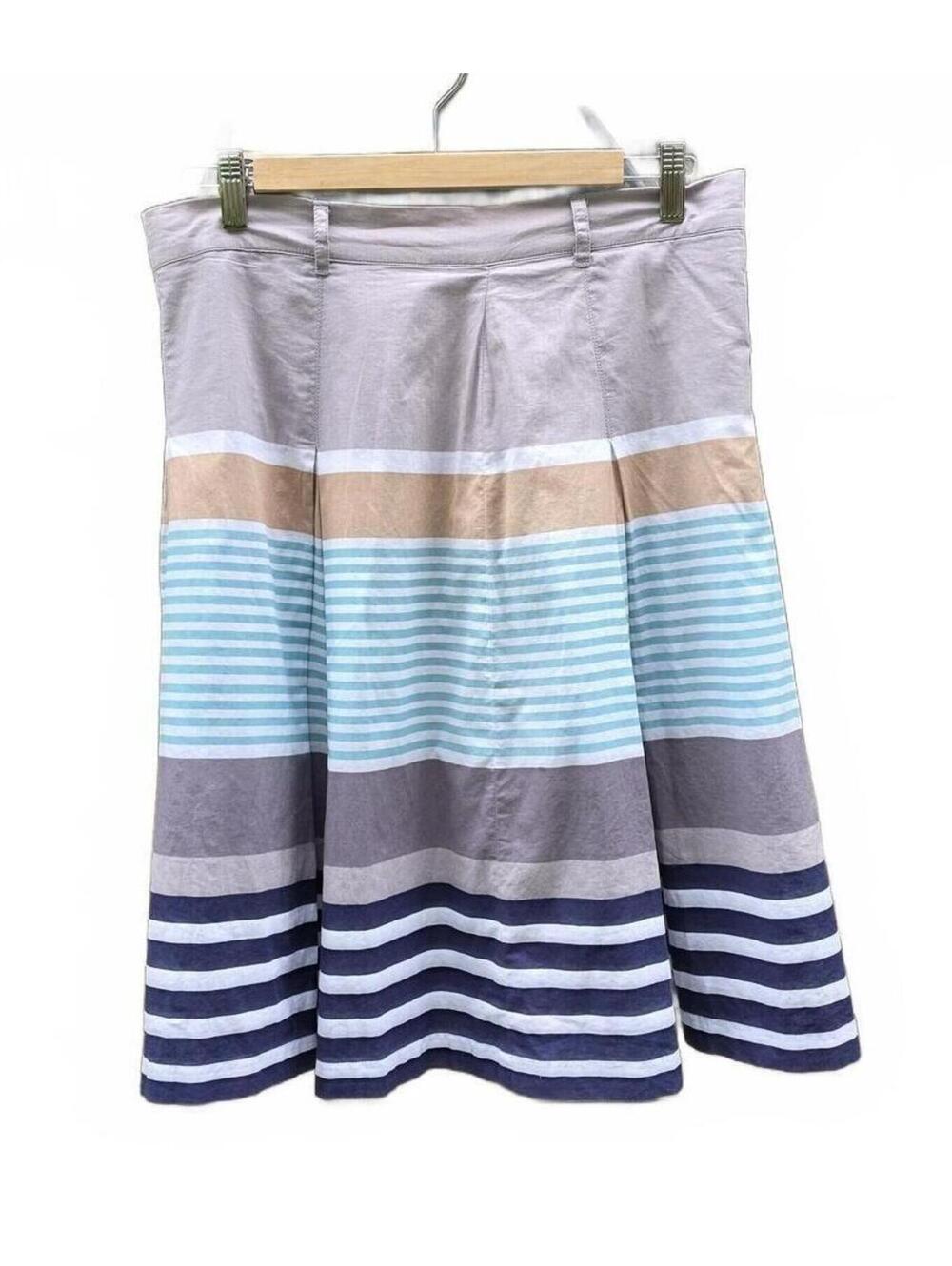 Jackpot Striped Pleated A-Line Skirt -Cotton,Blue, Tan, Grey - Size 38 (Med)